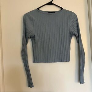 Ribbed Blue Long Sleeve lettuce edge Top